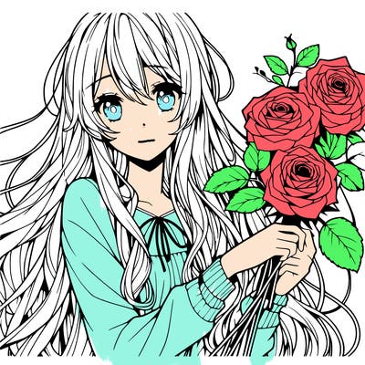 anime girl with long blonde hair with roses in her hand