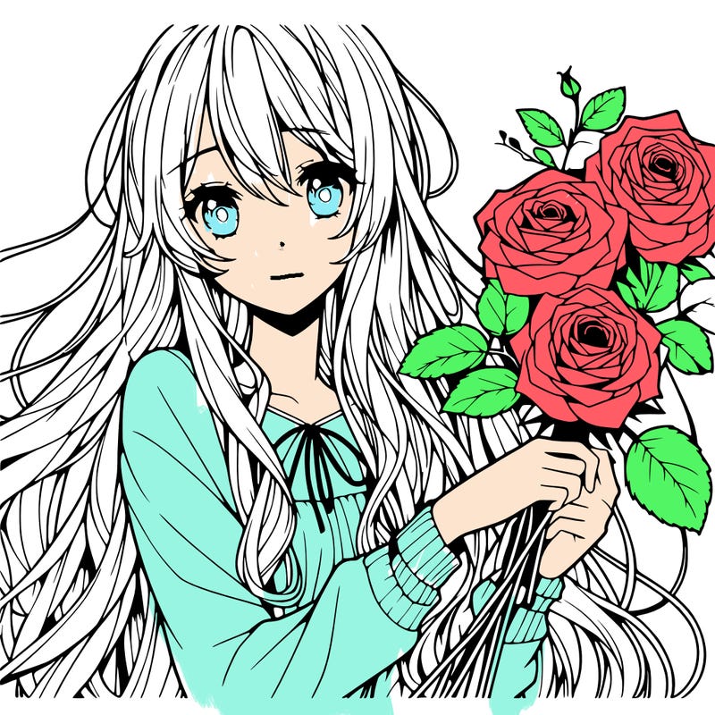 anime girl with long blonde hair with roses in her hand