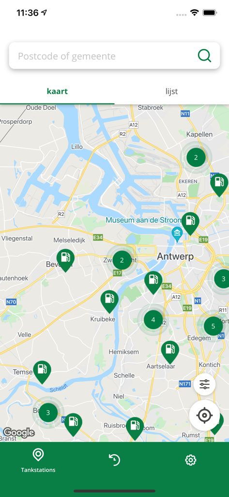 Kartenoberfläche der MAES-App, die Tankstellenstandorte und Cluster in der Nähe von Antwerpen anzeigt