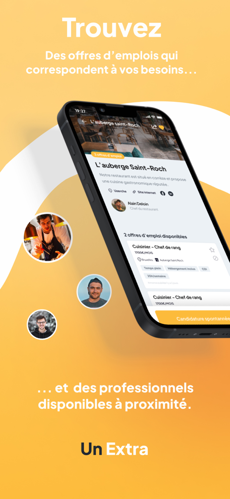 Un Extra - Ein Smartphone-Bildschirm, der die Un Extra App-Oberfläche mit Restaurant-Jobangeboten und Mitarbeiterprofilen zeigt.