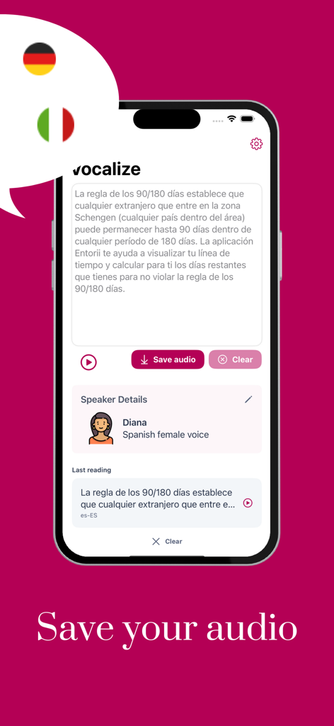 Text to Speech Audio Voice - Interface of the Vocalize app showing a Spanish text conversion and a save audio button