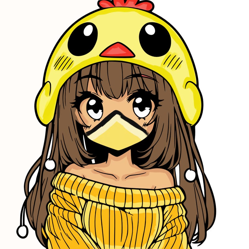 anime girl with chick shaped hat with sweater with bare shoulders with bangs covering them one eye with low tail