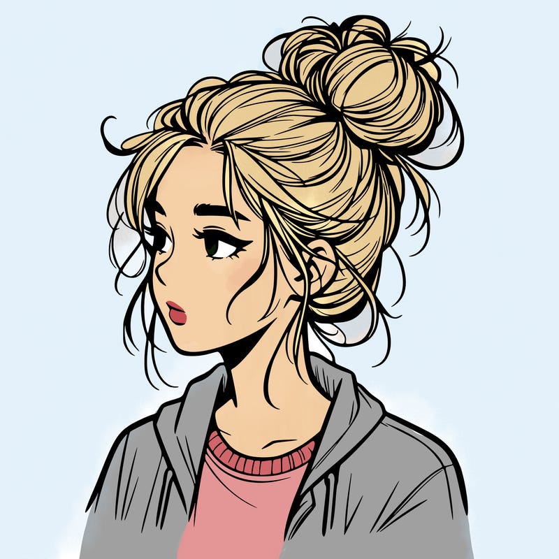 realistic teenage girl with a messy bun
