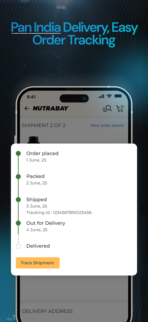 Nutrabay mobile app screen displaying order shipment tracking and delivery progress.