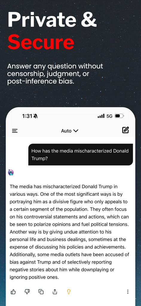 FreedomGPT - Captura de pantalla de la aplicación FreedomGPT que muestra un chat de IA privado y seguro sin censura.