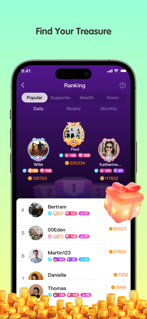 HaChat Toki - Un classement dans l'application HaChat Toki montrant les utilisateurs les plus populaires avec leurs cadeaux virtuels et leurs scores de statut social.