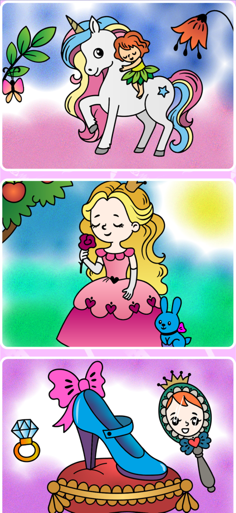 Colored illustrations of a unicorn, a princess, and beauty accessories from the baby coloring app.