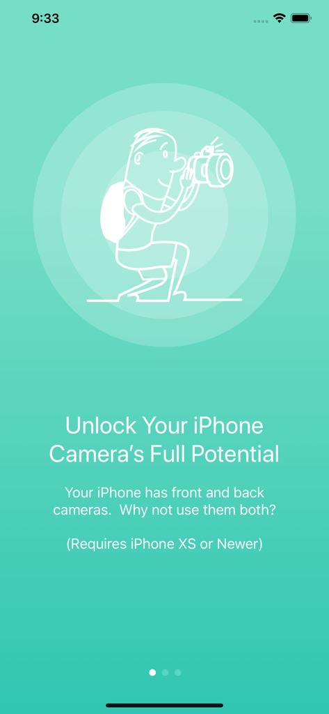 Pantalla de incorporación de la aplicación DUBL Pro que muestra un fotógrafo de dibujos animados y texto sobre el uso de cámaras frontal y trasera simultáneamente