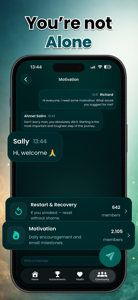 Écran de communauté de l'application Quit Nic montrant un chat de groupe avec des messages de motivation pour les utilisateurs essayant d'arrêter de fumer