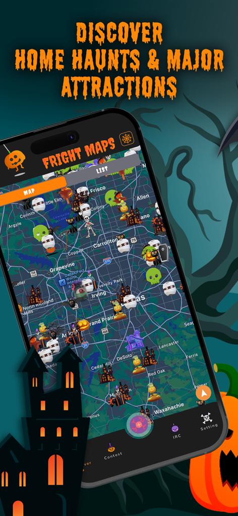 FrightMaps: Haunt Finder - Interactive map of FrightMaps app showing locations of home haunts and major Halloween attractions