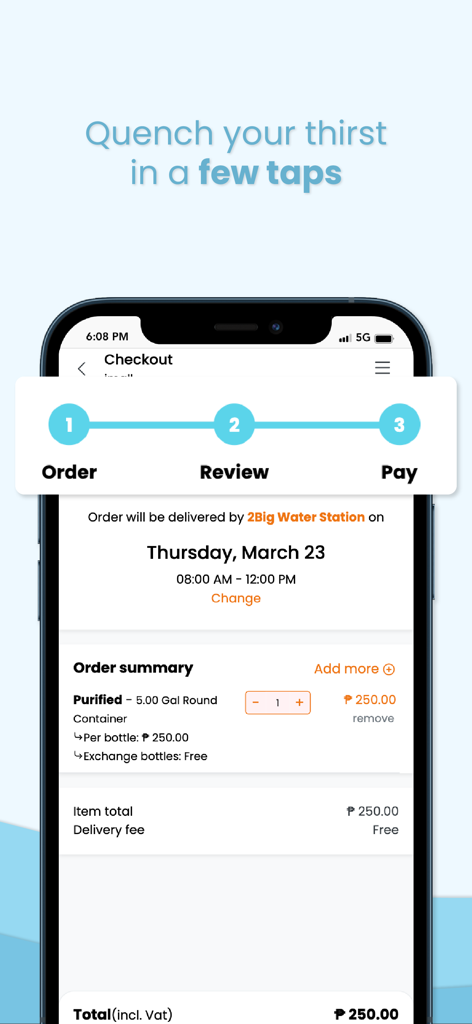 Checkout summary screen of the Water Delivery Philippines app showing a three-step ordering process