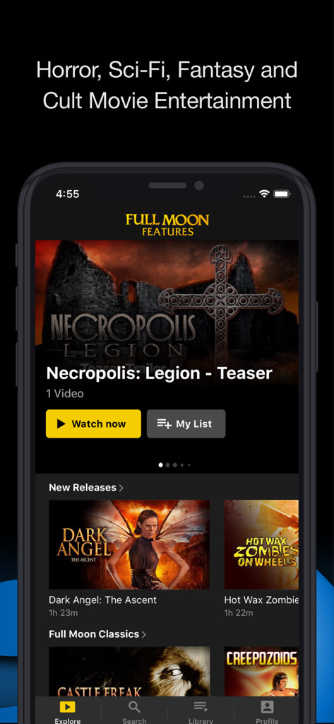 Full Moon Features - Interface de l'application de streaming d'horreur Full Moon Features présentant des catégories de films d'horreur et cultes