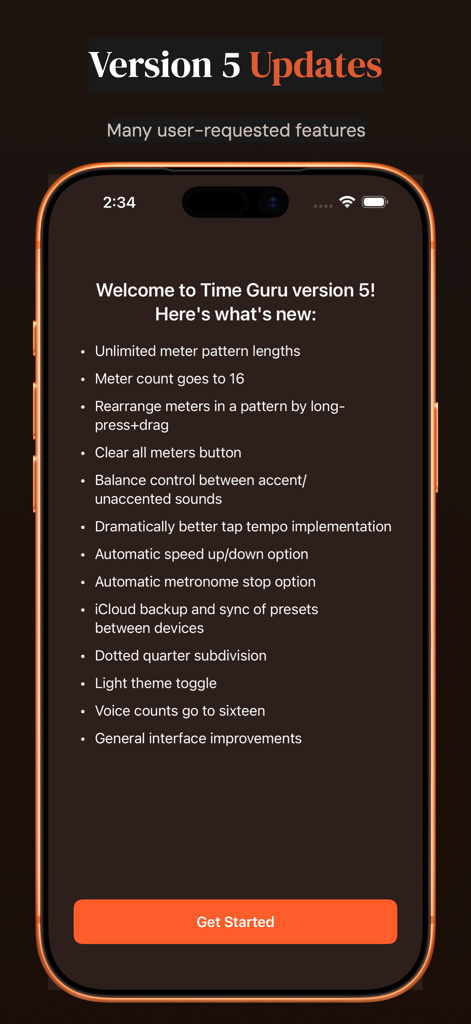 Screenshot of Time Guru Metronome version 5 update screen listing new professional practice features