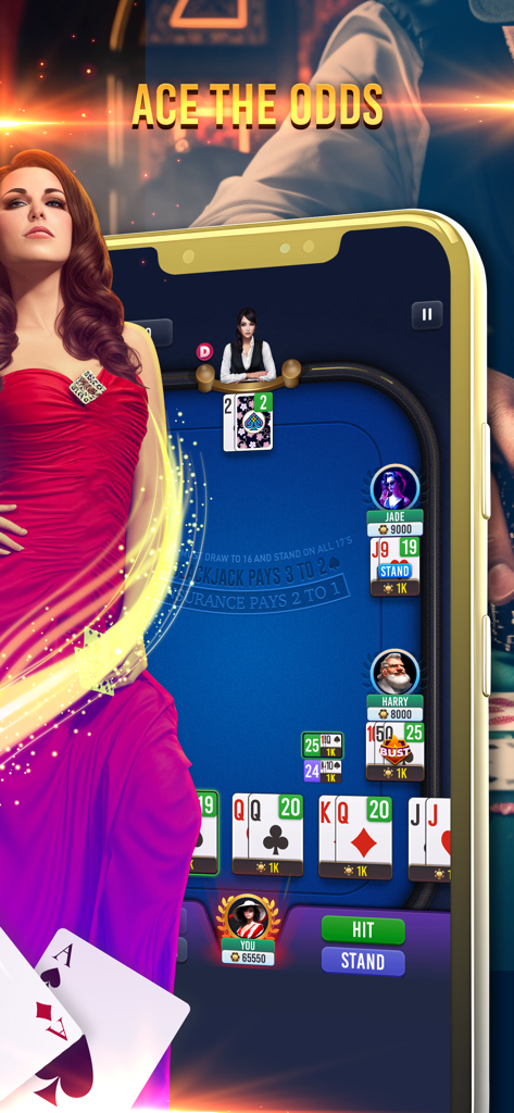 Blackjack 21 Championship - 블랙잭 21 챔피언십 모바일 게임 인터페이스, 플레이어와 'Ace the Odds'라는 슬로건이 있는 가상 카지노 테이블 표시
