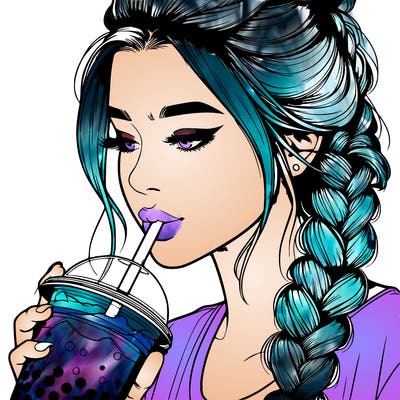 realistic girl drinking boba tea with braided hair