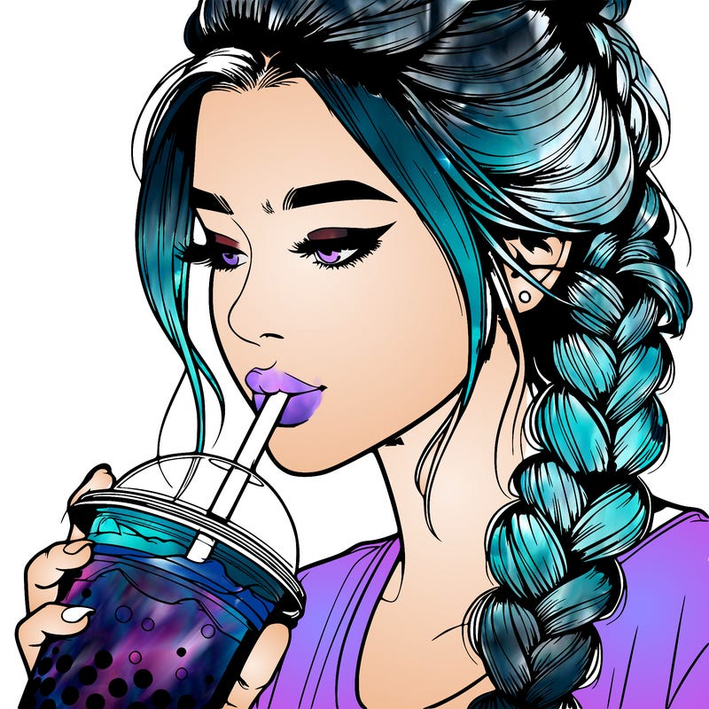 realistic girl drinking boba tea with braided hair