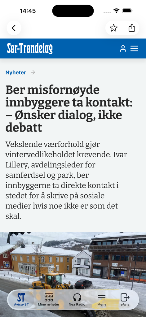 Avisa-ST Nyheter - Artigo de notícias locais no aplicativo Avisa-ST apresentando uma história sobre manutenção de estradas de inverno na Noruega