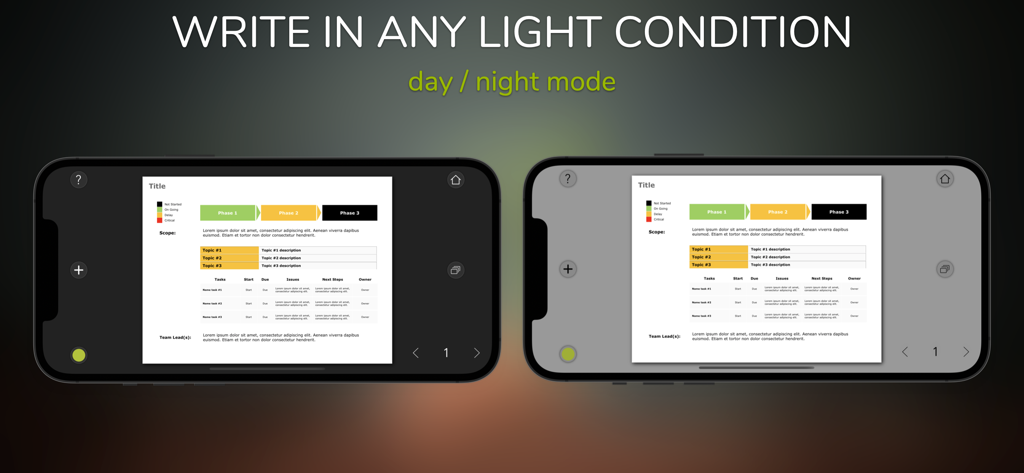 Perfect+ for Presentations - Comparación de la interfaz en modo día y noche para presentaciones de negocios en dispositivos móviles