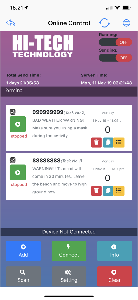 Hitech - Hitech 앱 온라인 제어 화면에 장치 상태 및 활성 작업이 표시됩니다.
