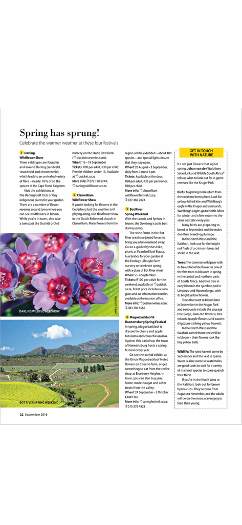 Digital magazine page featuring South African spring festivals and nature tips with vibrant photography.