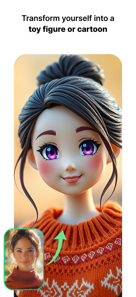 MeeAww - AI Photo Editor - MeeAww AI Photo Editor transforming a woman's portrait into a toy figure style