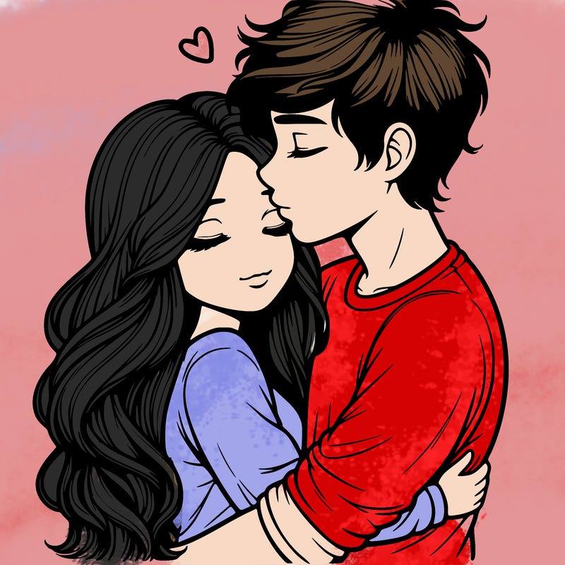 a realistic couple boy and girl hugging and kissing