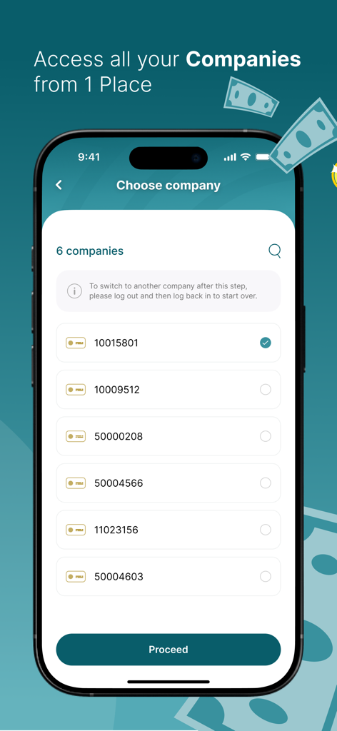 aaib business mobile banking app showing the choose company selection screen for managing multiple business accounts in one place