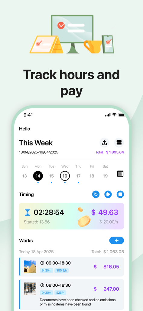 Calendar,Schedule & to do list - Una interfaz de aplicación móvil que muestra una función de seguimiento de tiempo semanal con cálculos de ganancias y una lista de entradas de trabajo.