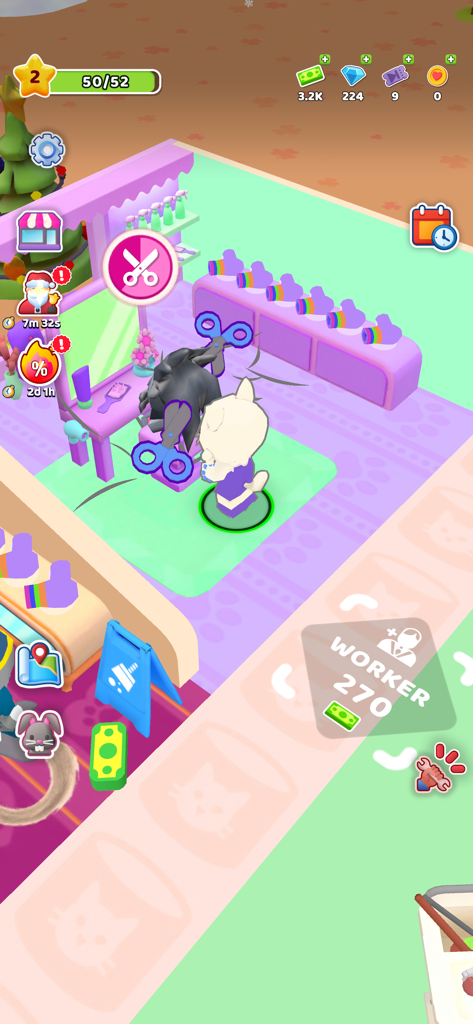 Purrfect Cat Club: Pet Salon - Un personaje gato aseando a una mascota negra peluda en una estación de estilismo en un colorido salón de mascotas