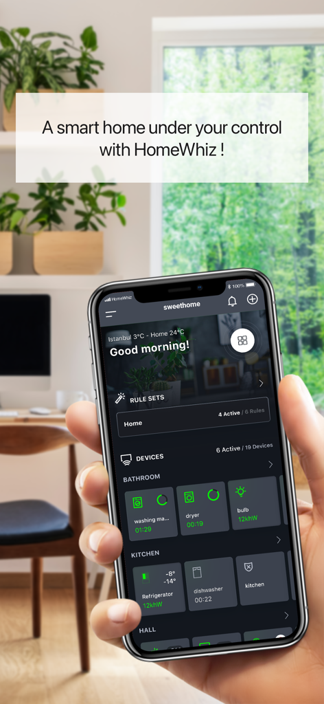 Smartphone displaying the HomeWhiz app dashboard with smart home device controls