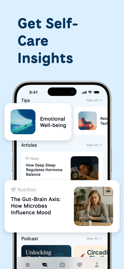 정서적 웰빙, 수면 및 영양에 관한 기사를 포함하여 자기 관리 인사이트를 표시하는 WellMe 앱 인터페이스