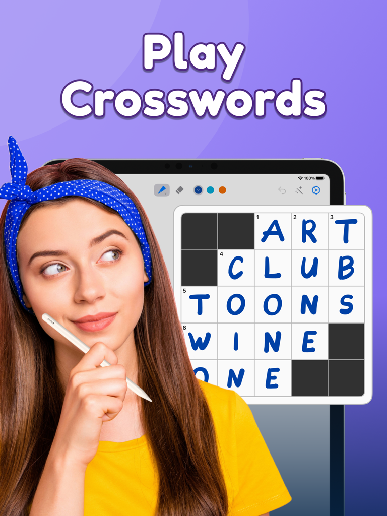 Crossword Puzzles Daily - Woman using Apple Pencil to fill in a handcrafted crossword puzzle on iPad