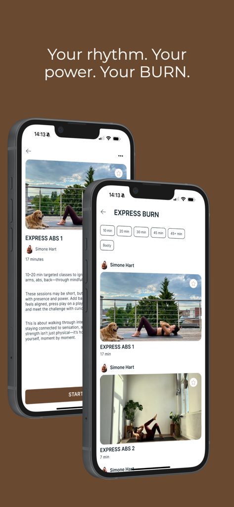 Écrans de l'application mobile BURN BY SIMONE affichant des cours express d'abdominaux avec Simone Hart.