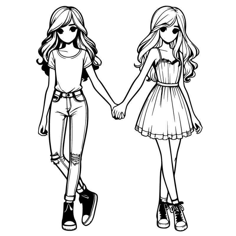 two realistic girls holding hands one is wearing jeans and a shirt and the other one is wearing a dress