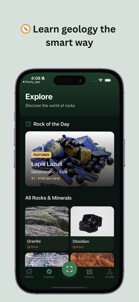Rock Identifier:AI Stone & Gem - Pantalla Explorar de la aplicación Rock Identifier mostrando la Roca del Día Lapislázuli y una biblioteca de minerales como Granito y Obsidiana.
