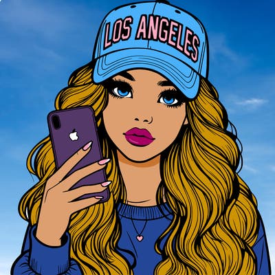 realistic beautiful girl wearing los ángeles cap holding an iphone