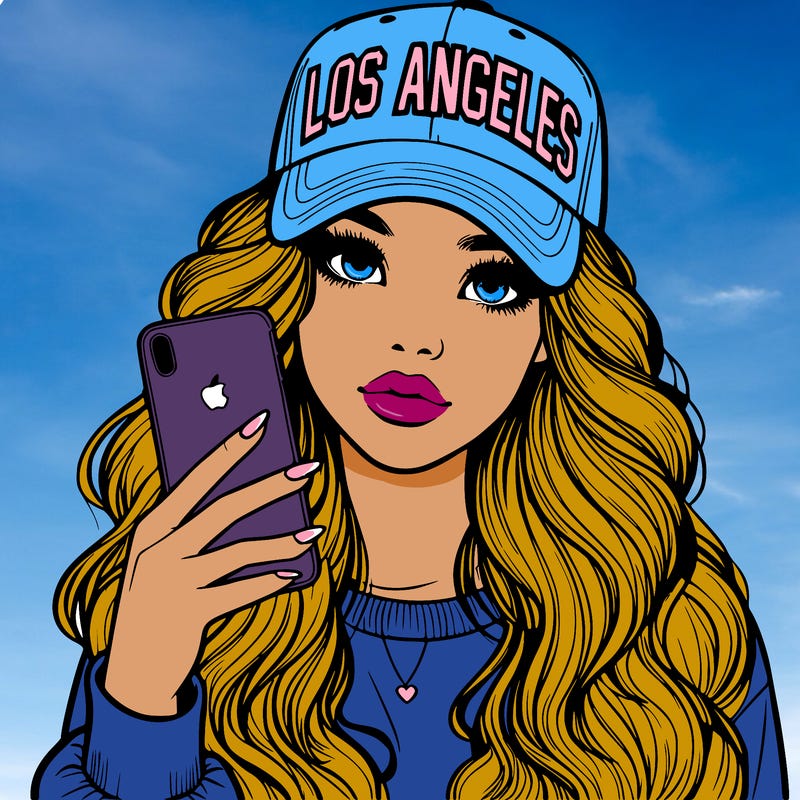 realistic beautiful girl wearing los ángeles cap holding an iphone