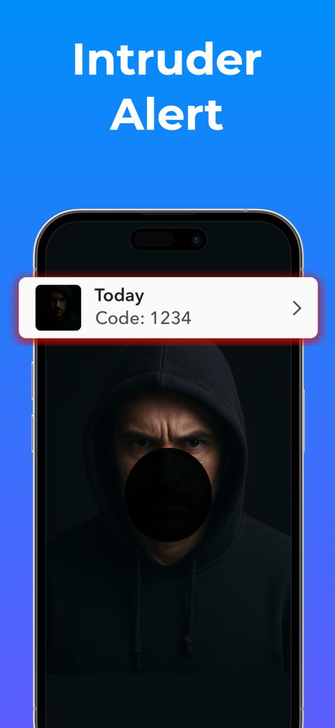 Secure Folder: Photo Vault - Uma tela de smartphone exibindo uma notificação de alerta de intruso com uma foto de uma pessoa tentando acessar o cofre.
