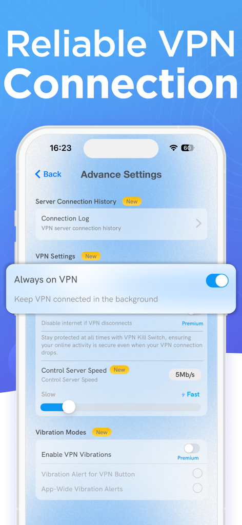VPN for iPhone:Super VPN Proxy - Un iPhone mostrando la pantalla de configuración avanzada de Super VPN Proxy con el interruptor Siempre activo activado.