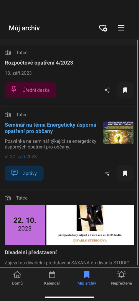 Mobile app interface displaying an archive of local news updates and community notices