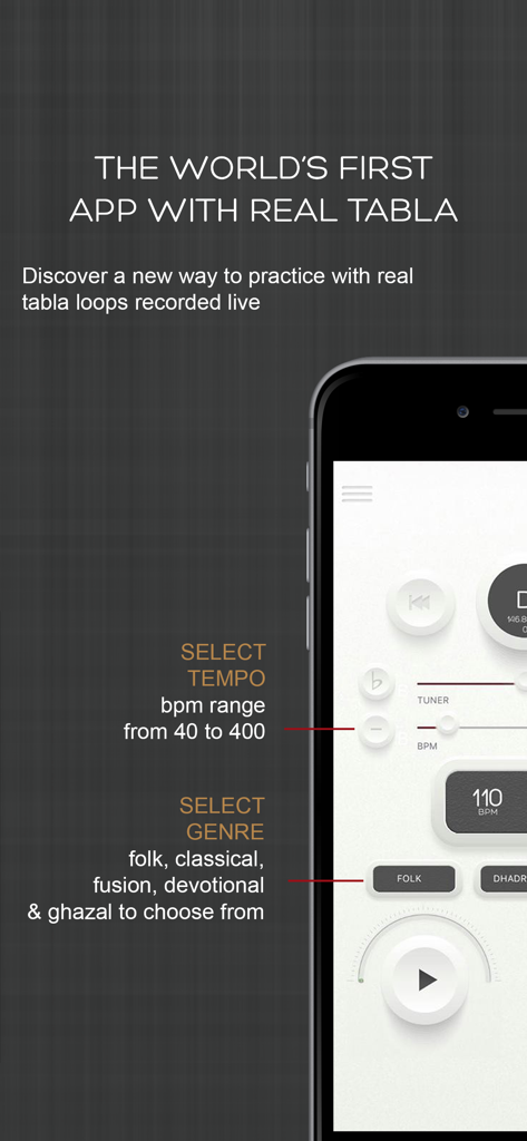 Tabla Studio - App interface for selecting tempo and musical genres for live recorded tabla loops