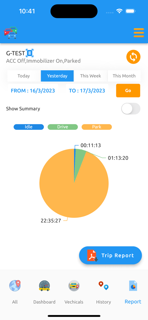U Track Pro app showing a vehicle activity pie chart with idle, driving, and parking durations