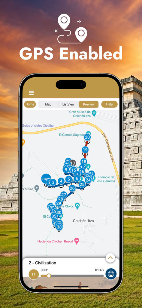 Chichen Itza: GPS Audio Guide - Chichen Itza audio guide app showing a GPS enabled map with numbered tour stops