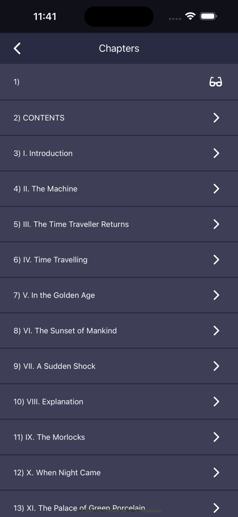 Inkwell - Customizable Ebooks - Table of contents screen in the Inkwell app displaying chapters from The Time Machine
