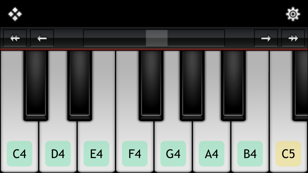 Interfaz de teclado de piano digital con notas musicales etiquetadas en Virtuoso Piano Free 3