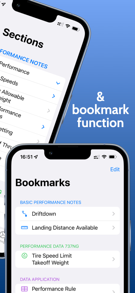 Two iPhones showing the sections menu and bookmark management feature within the B737 Performance Handbook aviation app.