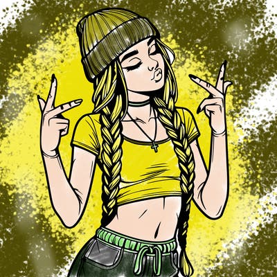 realistic teenage girl with braids and a beanie and crop top doing 🫶🏼