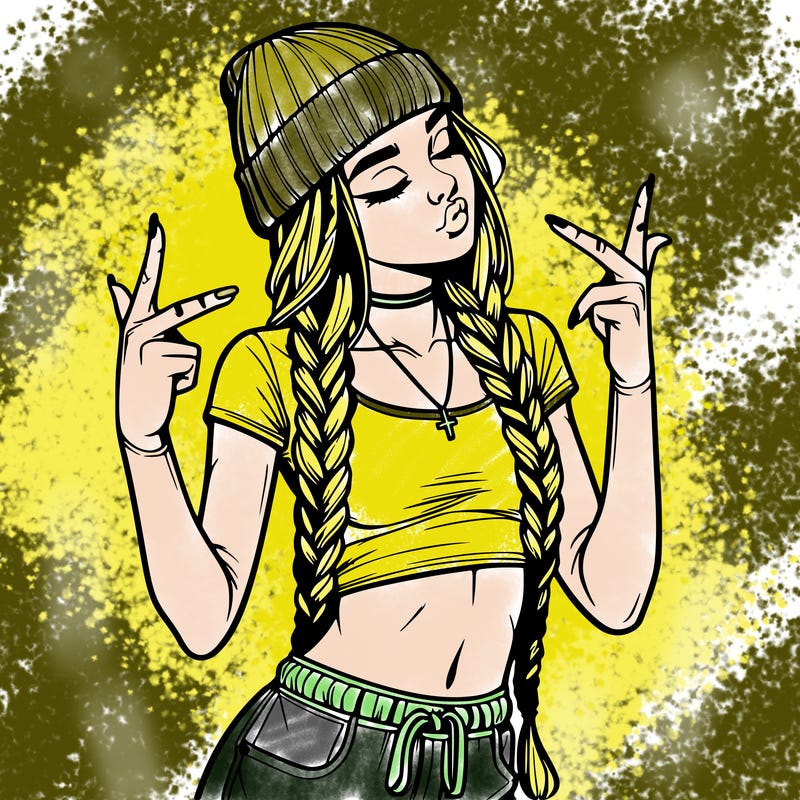realistic teenage girl with braids and a beanie and crop top doing 🫶🏼