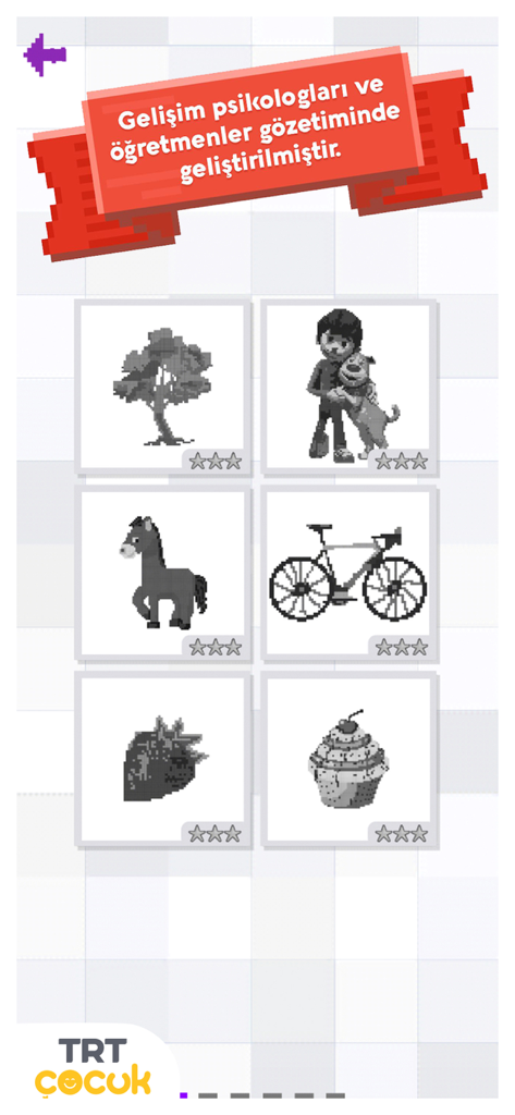 Schermata della galleria dell'app TRT Pixel Coloring che mostra vari modelli di pixel art come un albero, una bicicletta e una cupcake.