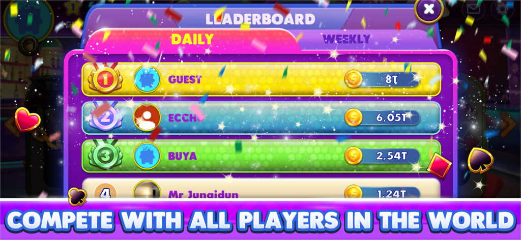 Gin Rummy Elite: Online Game - Tabla de clasificación diaria de Gin Rummy Elite mostrando las mejores clasificaciones de jugadores globales y recuentos de fichas